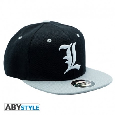 Boné snapback preto e cinzento com letra L bordada