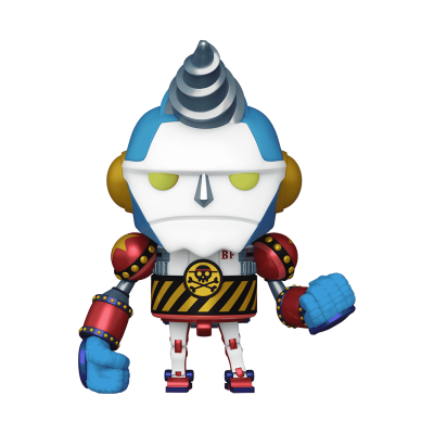 Figura robô colorida com cone, braços vermelhos e símbolos de aviso