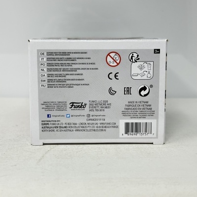 Caixa branca com texto de segurança multilingue, ícones de reciclagem e informações da marca Funko.