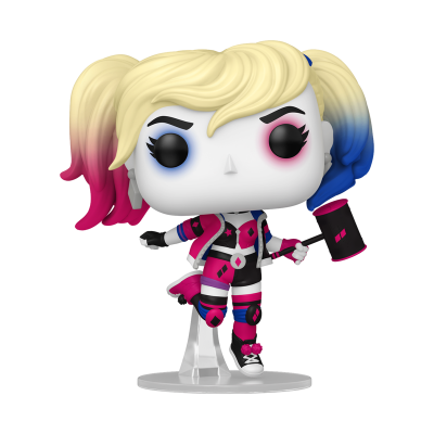 Figura colecionável Funko Pop de personagem com cabelo loiro com pontas rosa e azul e fato rosa, preto e branco.