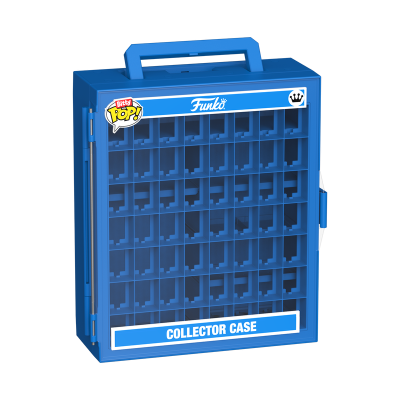 Mala azul de plástico com divisórias para colecionáveis, textos Funko e Pop, com alça