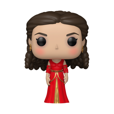 Figura colecionável Funko Pop com vestido vermelho e cabelo castanho