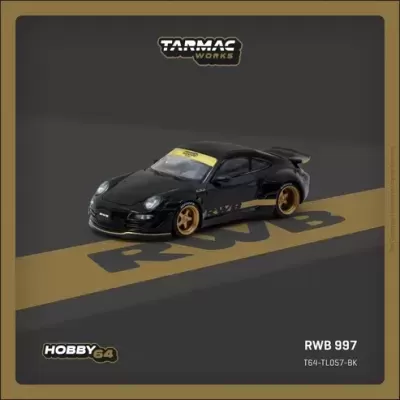 Miniatura de carro desportivo Porsche RWB 997 preto com rodas douradas e logótipos