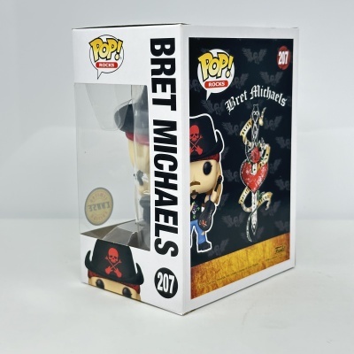 Figura Funko Pop Bret Michaels nº 207 na caixa branca e preta com ilustração e texto