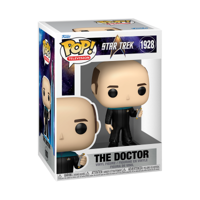 Figura Funko Pop de The Doctor de Star Trek dentro da caixa com design espacial e o número 1928.