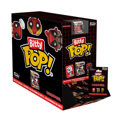 Caixa de exposição Funko Bitty POP! Deadpool com imagens do personagem e produtos colecionáveis em vinil