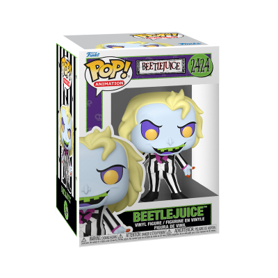 Figura vinil Funko Pop Beetlejuice cabelo loiro pele azul fato riscado preto branco número 2424
