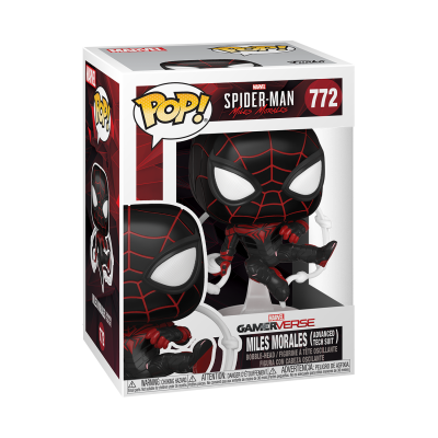 Figura Funko Pop! de Miles Morales do Spider-Man com traje negro e vermelho na caixa.