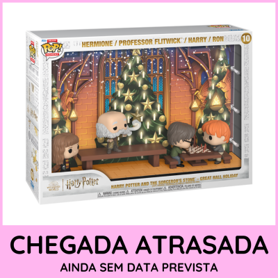 Conjunto Funko Pop! Harry Potter com Hermione, Flitwick, Harry e Ron no cenário natalício da sala comunal
