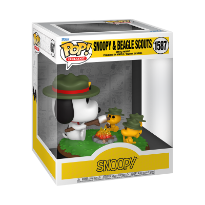 Figura Funko Pop Deluxe Snoopy & Beagle Scouts com Snoopy e dois beagle scouts em chapéus verdes ao redor de fogueira