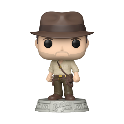 Figura Funko Pop de Indiana Jones com chapéu castanho e roupa bege e castanha em base cinzenta