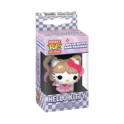 Chaveiro funko pop vinil Hello Kitty em embalagem com padrão xadrez roxo