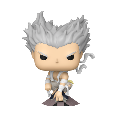 Figura colecionável Funko Pop de personagem com cabelo cinzento espetado e roupa cinzenta agachado