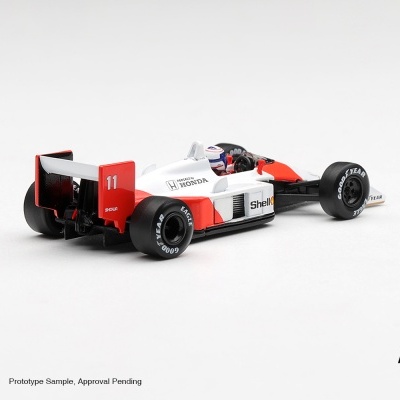Miniatura de carro de Fórmula 1 branco e vermelho com detalhes em preto e inscrição Honda e Shell