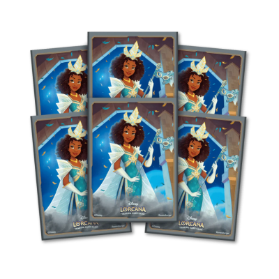 Cinco cartas com personagem feminina de vestido azul, coroa e cetro, texto Disney Lorcana