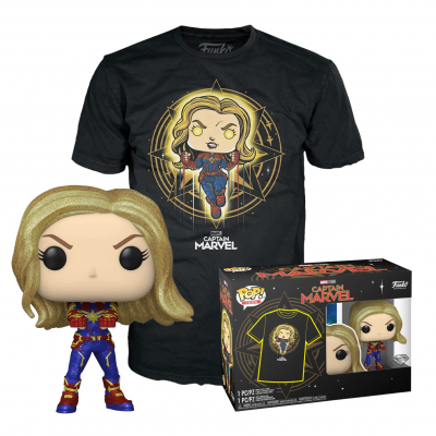 Conjunto Captain Marvel com figura Funko Pop, t-shirt preta e caixa de embalagem