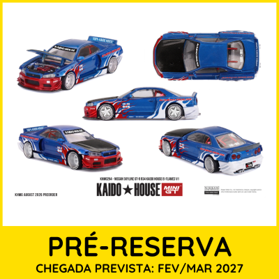 Miniatura de Nissan Skyline GT-R R34 azul com texto KAIDO HOUSE e detalhes vermelho e branco, várias vistas