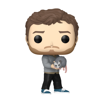 Figura estilizada tipo Funko Pop com cabelo castanho e rato cinzento