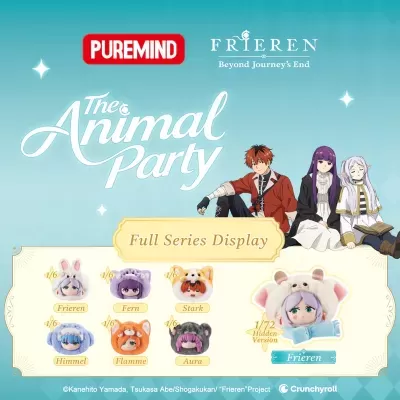 Banner promocional com miniaturas de personagens da série Frieren com cabeças de animais e texto The Animal Party