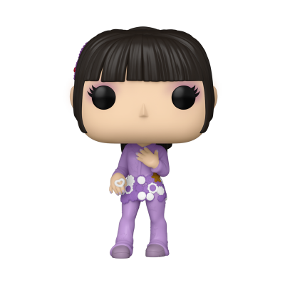 Figura Funko Pop roxa com roupa floral e cabelo preto com franjas