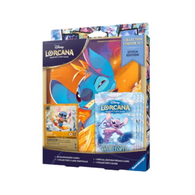 Embalagem do jogo de cartas Disney Lorcana Stitch Edition com diversas cartas e ilustração do personagem Stitch