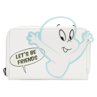 Carteira branca com personagem fantasma e texto LET'S BE FRIENDS