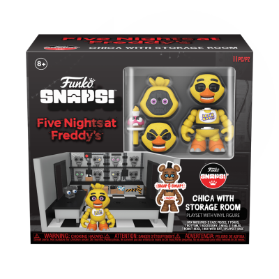 Brinquedo Funko Snaps! Five Nights at Freddy's Chica com elementos intercambiáveis na embalagem preta