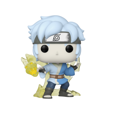 Funko Pop de personagem azul com arma amarela translúcida