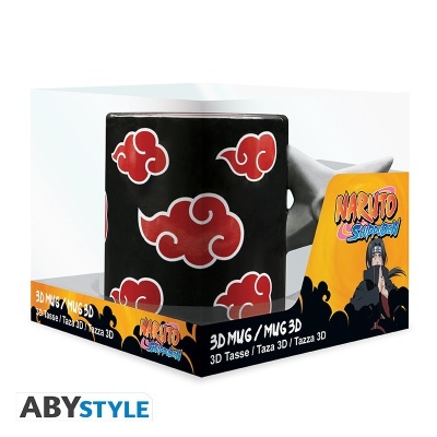 Caneca 3D Naruto Shippuden preta com nuvens vermelhas e suporte de shuriken