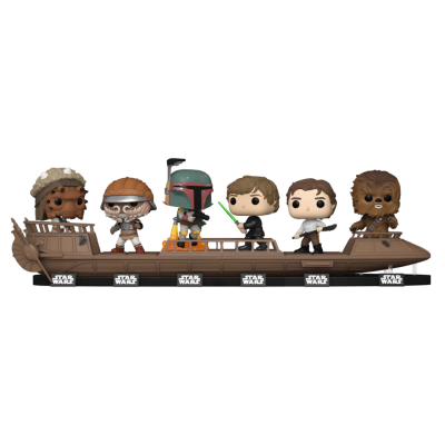 Figuras Funko Pop! de Star Wars numa base castanha com logótipos Star Wars