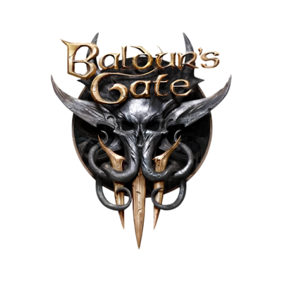 Logótipo Baldurs Gate com caveira metálica demoníaca