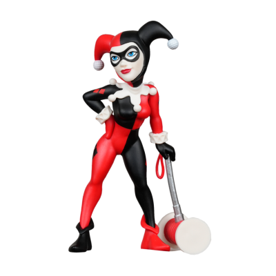 Figura colecionável da personagem Harley Quinn com traje vermelho e preto e martelo grande