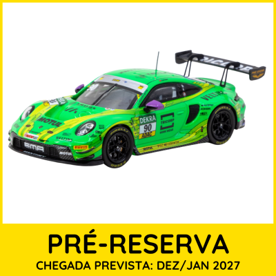 Miniatura de carro de corrida verde com texto PRÉ-RESERVA e data prevista de chegada