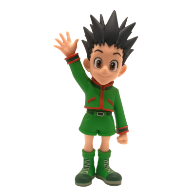Figura de ação personagem com roupa verde e cabelo preto a acenar.