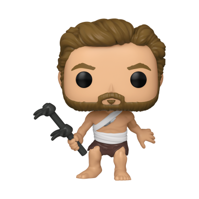 Figura Funko Pop masculina com cabelo castanho, barba, tanga castanha, faixa branca e bastão preto