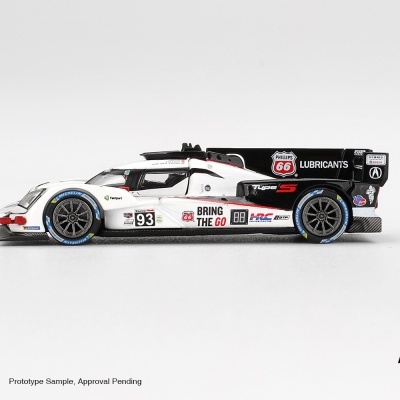 Miniatura de carro de corrida branco e preto com logos e texto visíveis