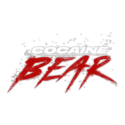 Texto COCAINE BEAR em estilo gráfico com partículas brancas e vermelhas