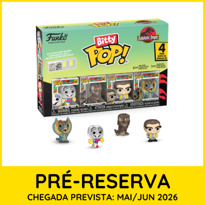 Caixa com conjunto Funko Bitty Pop! Jurassic Park de quatro figuras em vinil e suporte de exposição