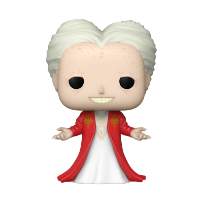 Figura colecionável Funko Pop com cabelo branco, roupa branca e vermelha.