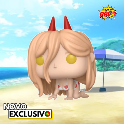 Figura de vinil estilo Funko Pop na praia com fato de banho branco às pintas vermelhas e chifres vermelhos.