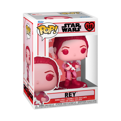 Funko Pop! da personagem Rey de Star Wars na caixa com cores vermelha e branca