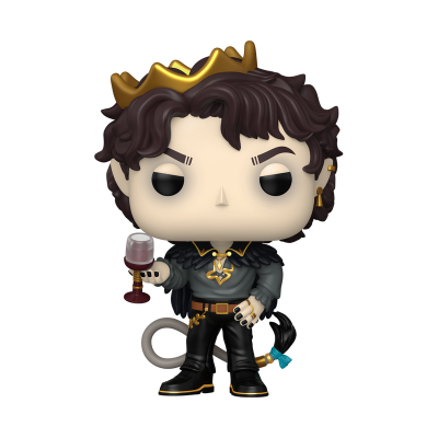 Funko Pop com coroa dourada, roupa cinza e preta, segurando copo de bebida.