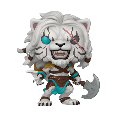 Figura colecionável de personagem felino branco com machado e roupas tribais.