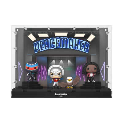 Figuras Pop! Peacemaker em cenário com luzes e base preta com placa