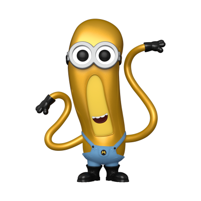 Boneco animado amarelo com olhos grandes e óculos, roupa azul e luvas pretas.