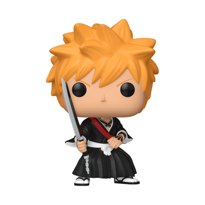 Funko Pop com cabelo castanho claro e espada, traje preto tradicional japonês