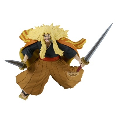 Figura colecionável de personagem com cabelo loiro, roupa preta e castanha e espadas.