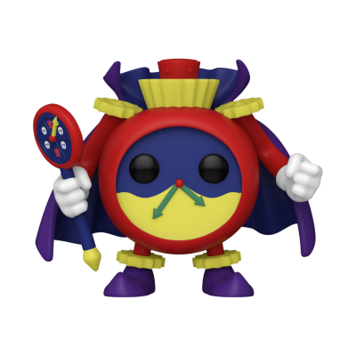 Figura de ação de despertador colorido com capa roxa e um pequeno relógio na mão