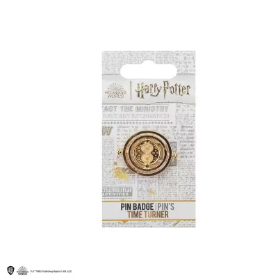 Pin metálico dourado Ampulheta do Tempo Harry Potter em embalagem branca com texto