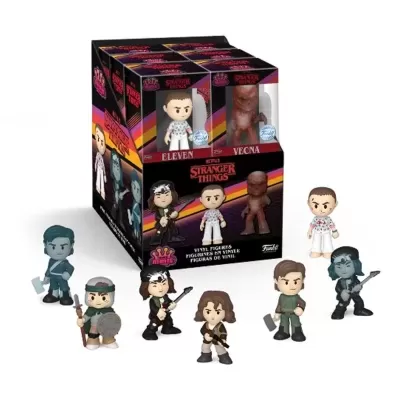 Caixa e figuras de vinil de Stranger Things com cores variadas e nomes ELEVEN e VECNA